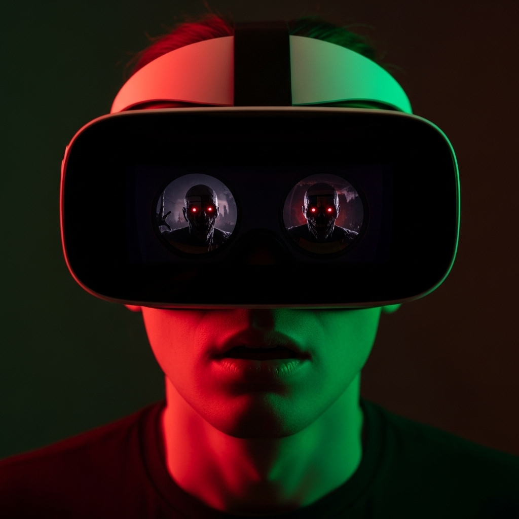 Person wearing VR headset experiencing horror